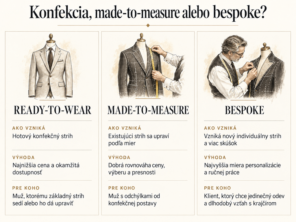 Porovnanie Ready to wear, Made to measure a Bespoke